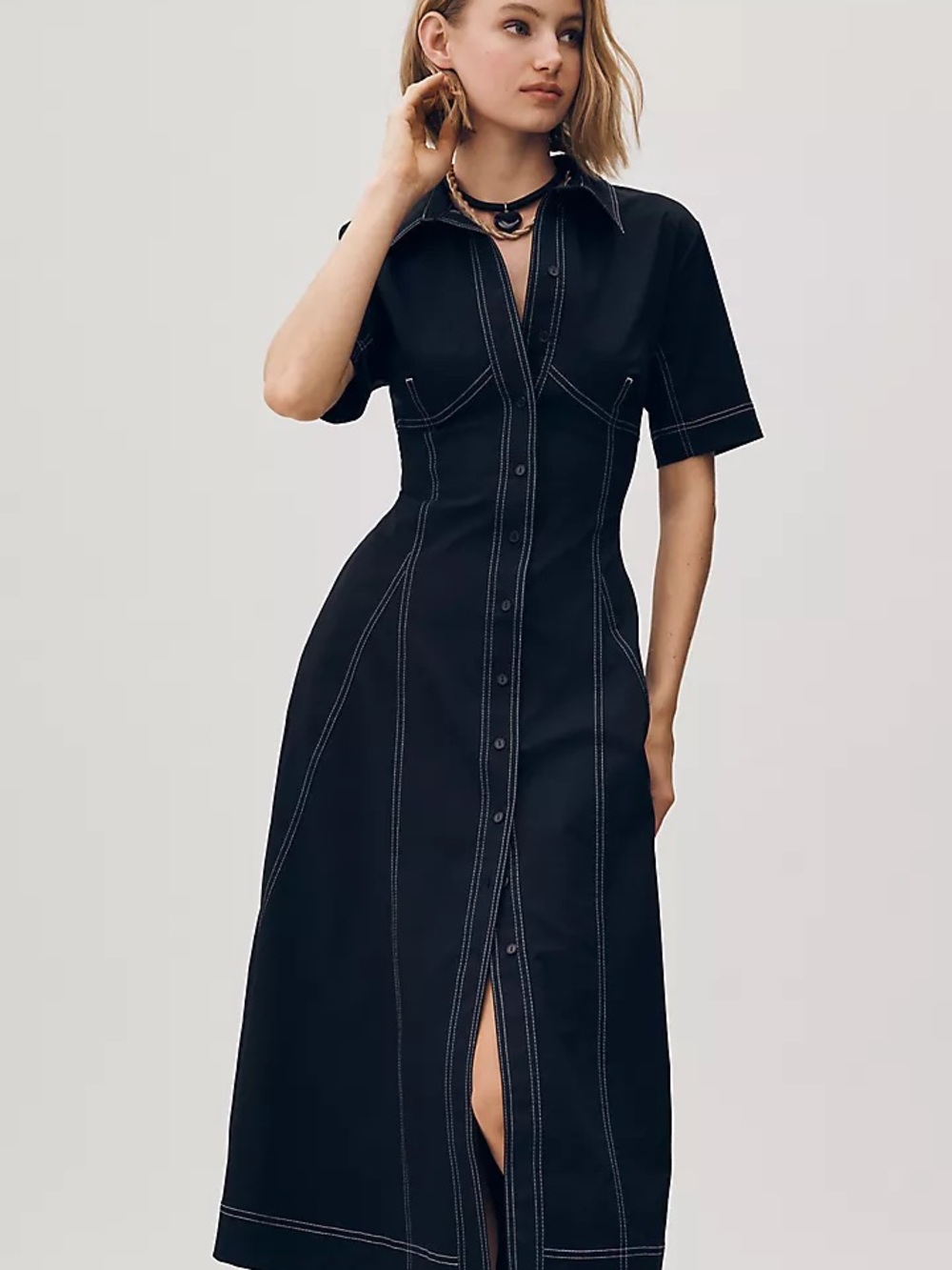 Anthropologie Black Midi Shirt Dress with Contrast Stitching